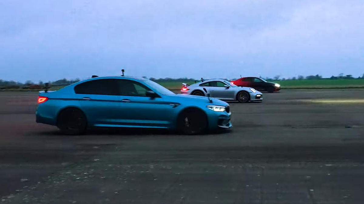 Видео: сумасшедшие Audi RS3 и BMW M5 объезжают в дрэге 911 Turbo S. И ломаются