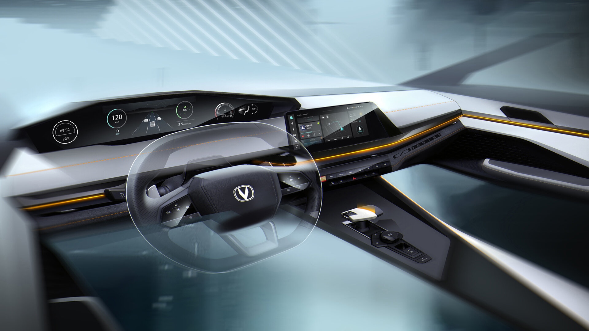 Марка Changan показала интерьер первого седана с гигантской приборной панелью