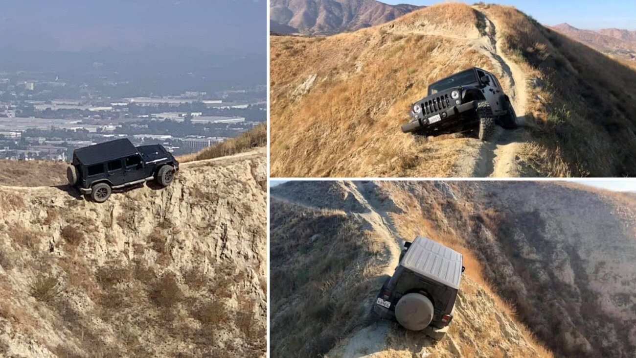 Непонятно, как он туда попал: Jeep Wrangler бросили на горной велотрассе
