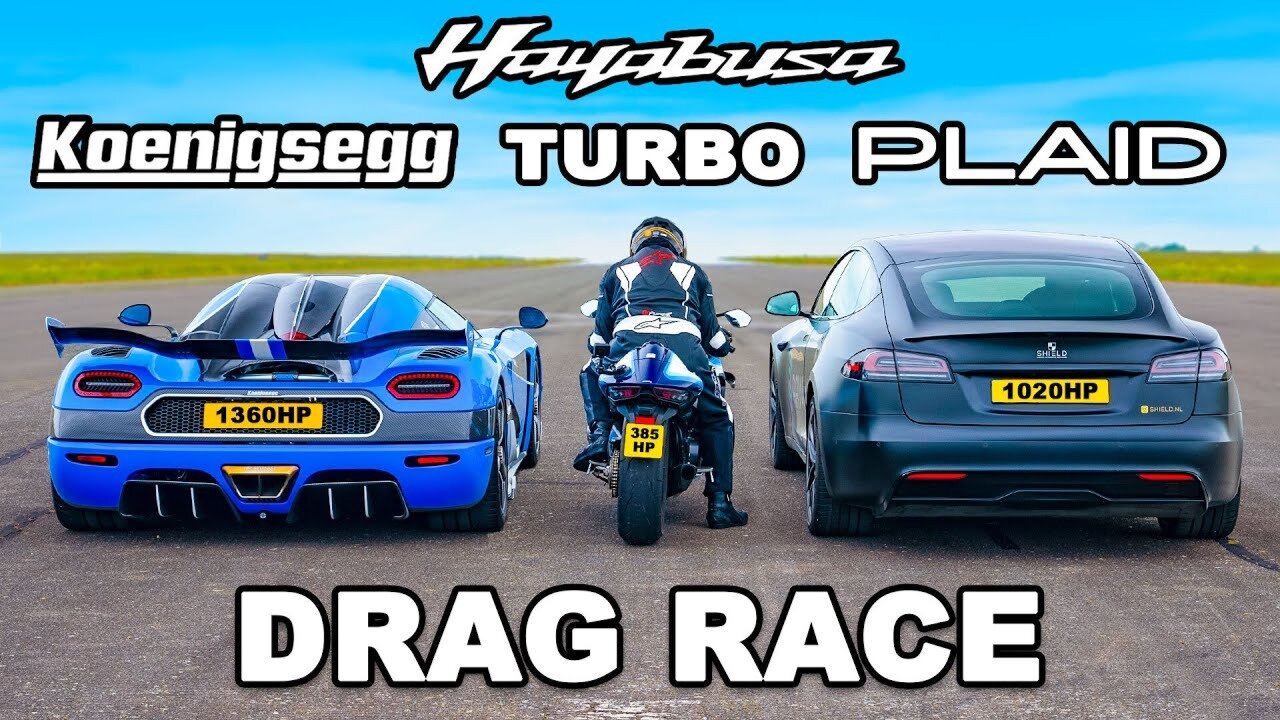 Koenigsegg Agera RS, Tesla Model S Plaid и Suzuki Hayabusa сравнили в дрэге